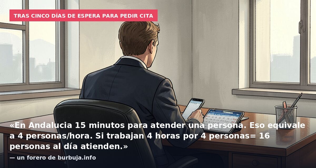 Tras cinco días de espera para pedir cita: «En Andalucia 15 minutos para atender una persona. Eso equivale a 4 personas/hora. Si trabajan 4 horas por 4 personas= 16 personas al día atienden.» — un forero de burbuja.info