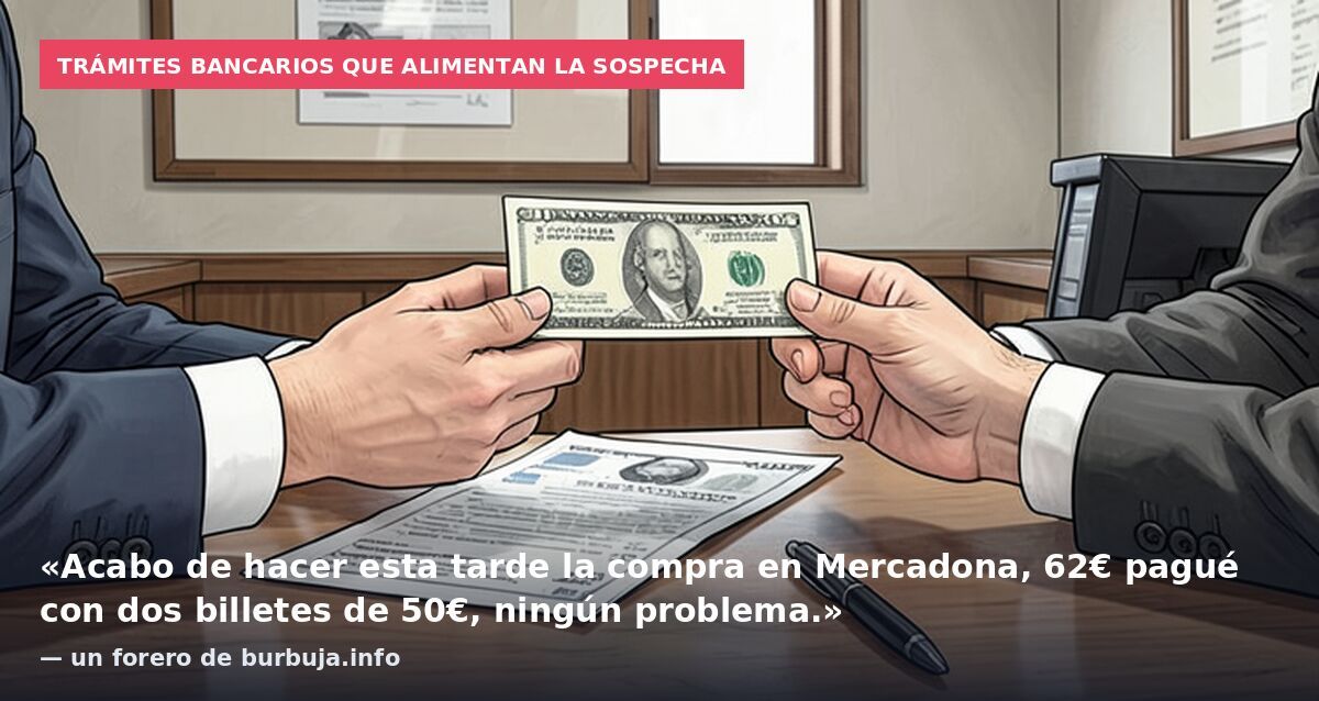 Trámites bancarios que alimentan la sospecha: «Acabo de hacer esta tarde la compra en Mercadona, 62€ pagué con dos billetes de 50€, ningún problema.» — un forero de burbuja.info