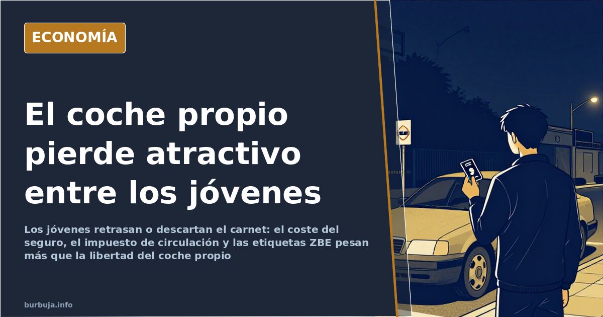 Joven con un carnet de conducir en la mano frente a un coche aparcado en una calle urbana, ilustración editorial en azul mari