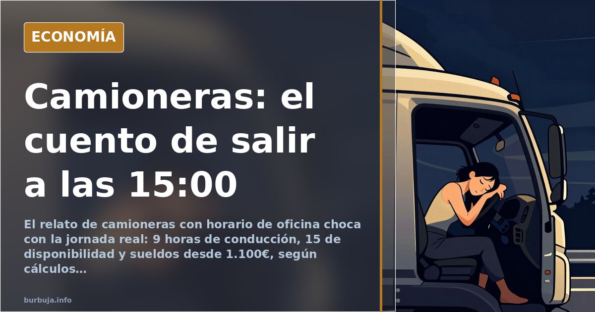Ilustración editorial de una mujer camionera junto a un tráiler en una zona de carga, con la cabina y el muelle al fondo