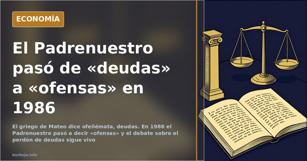 Página de misal abierto con el texto del Padrenuestro en griego y latín, ilustración editorial en azul marino y dorado