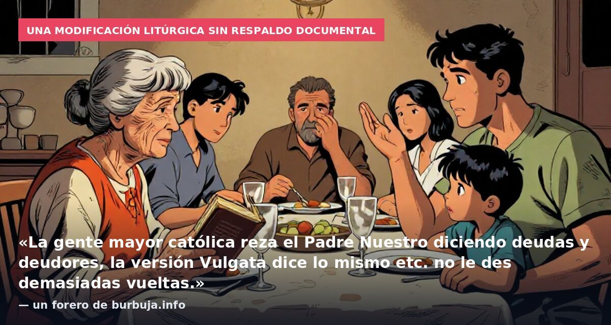 Una modificación litúrgica sin respaldo documental: «La gente mayor católica reza el Padre Nuestro diciendo deudas y deudores, la versión Vulgata dice lo mismo etc. no le des demasiadas vueltas.» — un forero de burbuja.info