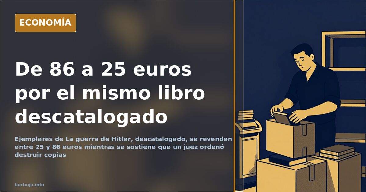 Ejemplar descatalogado de La guerra de Hitler sobre una mesa junto a una etiqueta de precio de segunda mano