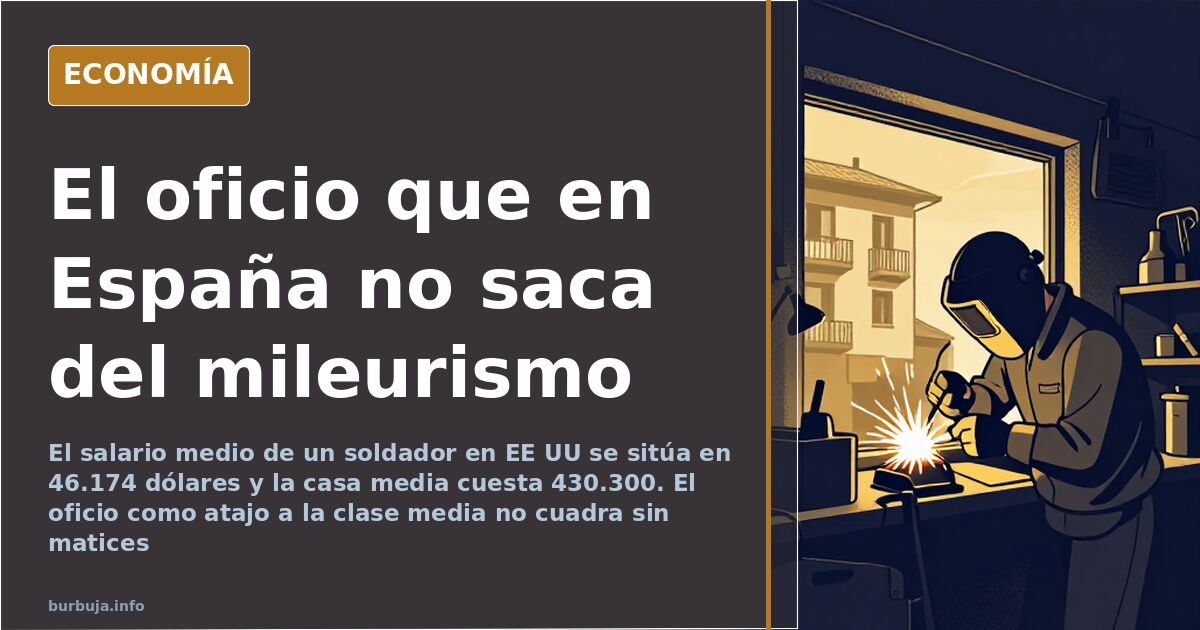 Trabajador de oficio con equipo de soldadura en un taller industrial, junto a gráficos de salarios y precios de vivienda