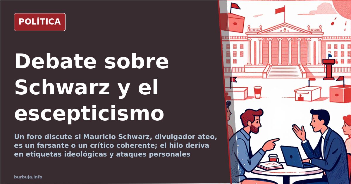 Ilustración editorial de un divulgador ateo criticando a un líder autoritario ante una audiencia dividida entre banderas y sí