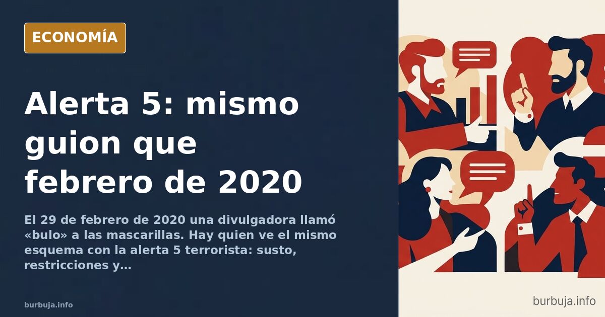 Ilustración editorial de una alerta terrorista nivel 5 con siluetas de ciudadanos y símbolos de control en azul marino y dora