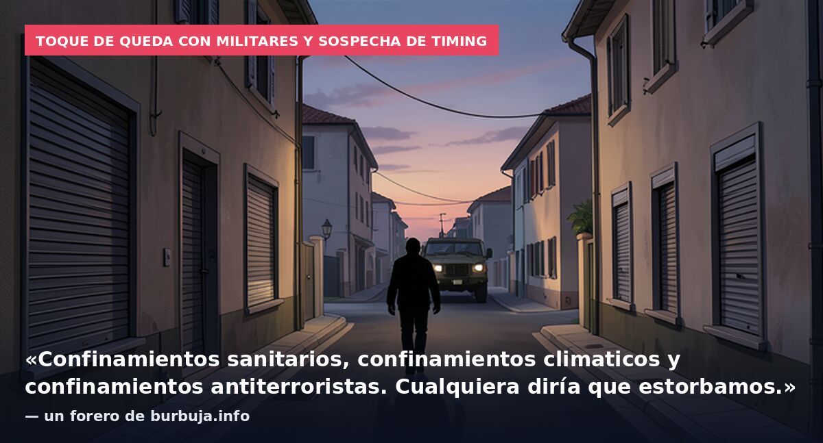 Toque de queda con militares y sospecha de timing: «Confinamientos sanitarios, confinamientos climaticos y confinamientos antiterroristas. Cualquiera diría que estorbamos.» — un forero de burbuja.info