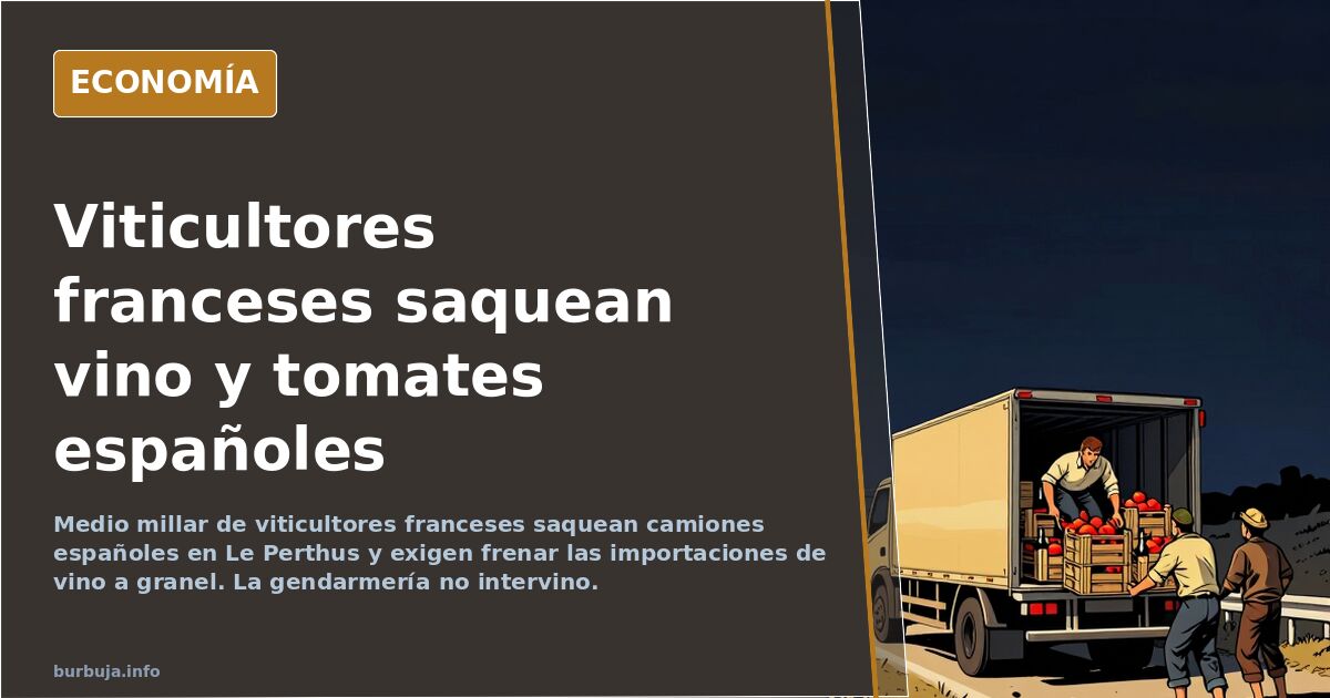 Ilustración editorial de camiones españoles bloqueados en la frontera francesa de Le Perthus durante una protesta de viticult
