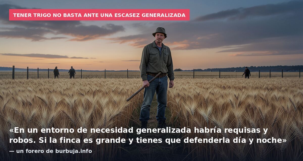 Tener trigo no basta ante una escasez generalizada: «En un entorno de necesidad generalizada habría requisas y robos. Si la finca es grande y tienes que defenderla día y noche» — un forero de burbuja.info