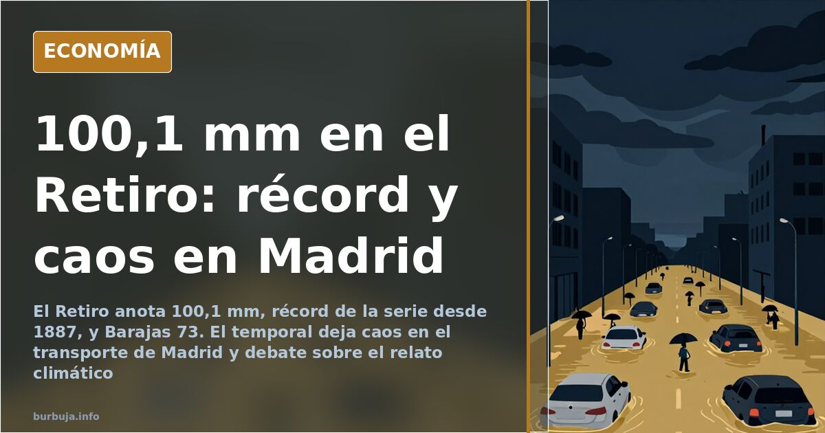 Charcos y tráfico denso en una avenida de Madrid durante la jornada de lluvia intensa que dejó 100,1 mm en el Retiro