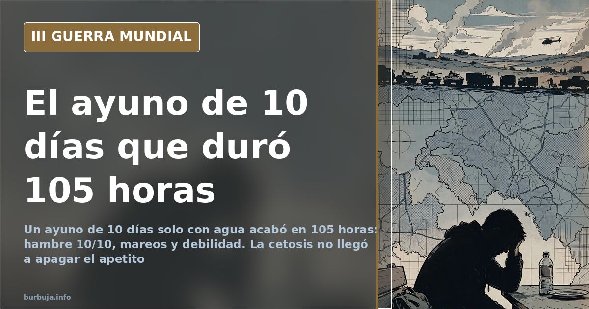 Escena documental desaturada de un ayuno prolongado: botella de agua y plato vacío en una mesa, silueta exhausta al fondo