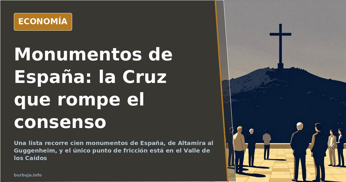 Ilustración editorial con monumentos españoles como la Alhambra, el acueducto de Segovia y la Sagrada Familia