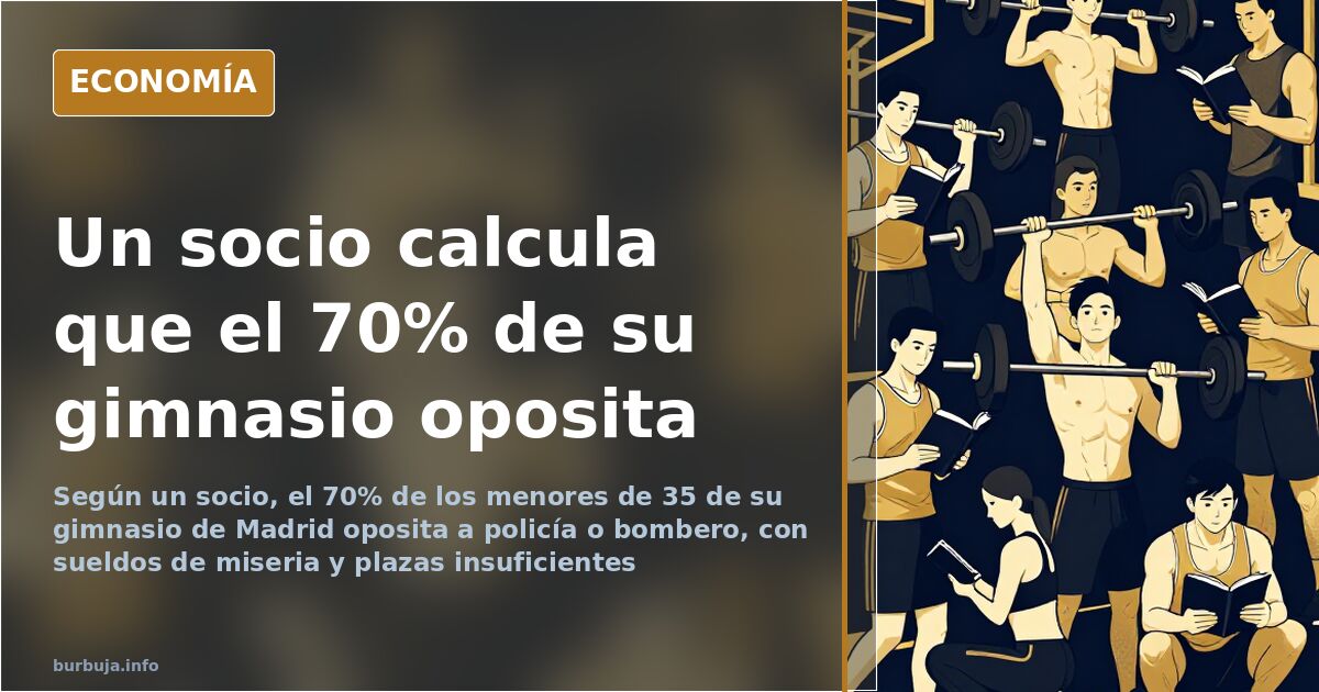 Sala de gimnasio urbano con jóvenes estudiando apuntes de oposiciones entre máquinas de pesas y bancos de musculación