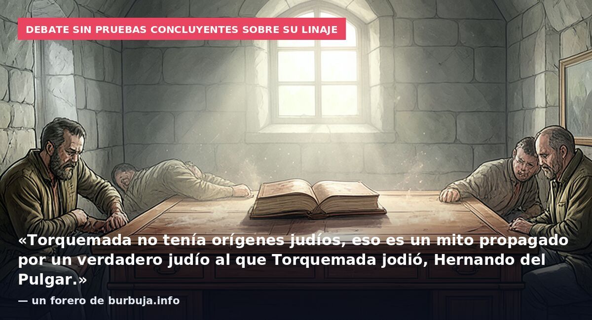 Debate sin pruebas concluyentes sobre su linaje: «Torquemada no tenía orígenes judíos, eso es un mito propagado por un verdadero judío al que Torquemada jodió, Hernando del Pulgar.» — un forero de burbuja.info