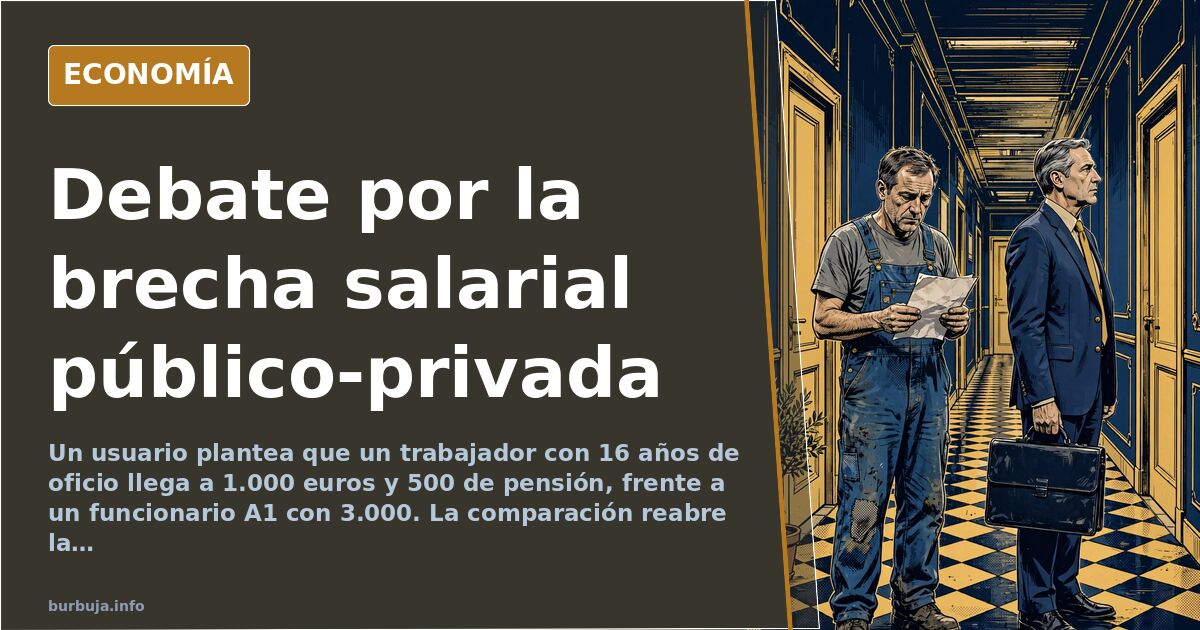 Ilustración editorial de una balanza inclinada entre un sueldo público y un sueldo privado, con billetes y una calculadora so