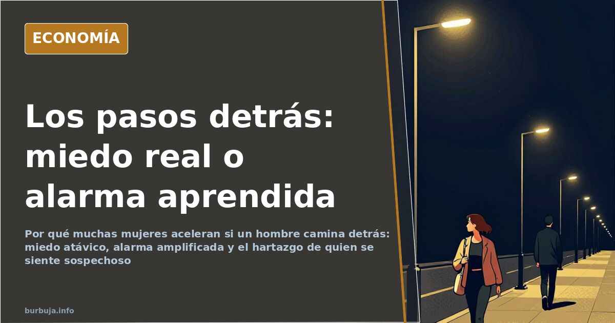 Escena nocturna en una calle urbana con dos siluetas separadas y una mujer que gira la cabeza al oír pasos detrás de ella