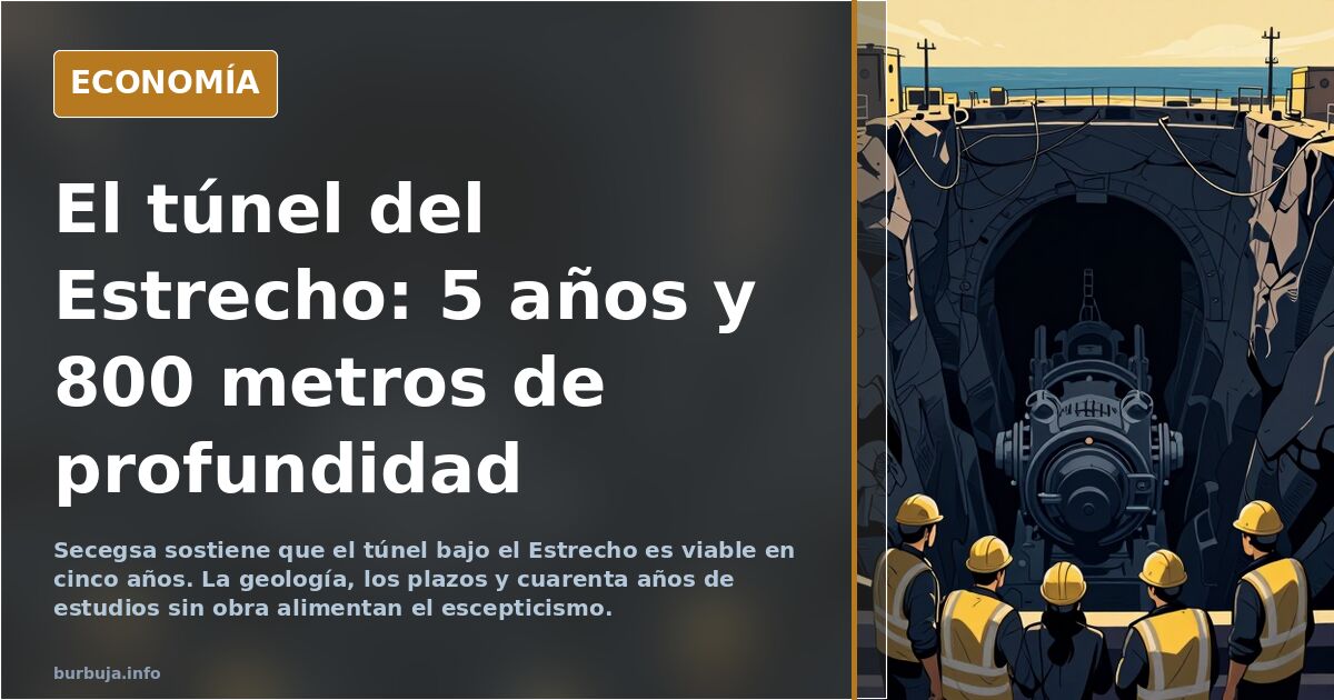 Ilustración editorial de un túnel submarino bajo el estrecho de Gibraltar con un tren de alta velocidad cruzando entre España