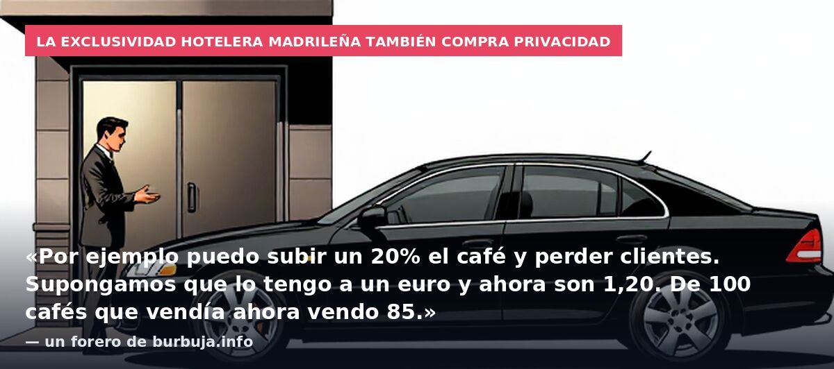 La exclusividad hotelera madrileña también compra privacidad: «Por ejemplo puedo subir un 20% el café y perder clientes. Supongamos que lo tengo a un euro y ahora son 1,20. De 100 cafés que vendía ahora vendo 85.» — un forero de burbuja.info