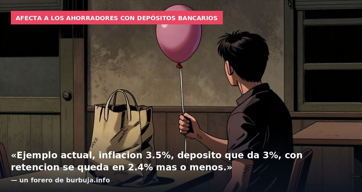 Afecta a los ahorradores con depósitos bancarios: «Ejemplo actual, inflacion 3.5%, deposito que da 3%, con retencion se queda en 2.4% mas o menos.» — un forero de burbuja.info