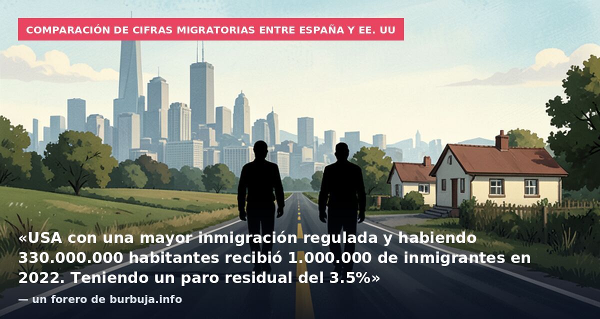 Comparación de cifras migratorias entre España y EE. UU: «USA con una mayor inmigración regulada y habiendo 330.000.000 habitantes recibió 1.000.000 de inmigrantes en 2022. Teniendo un paro residual del 3.5%» — un forero de burbuja.info