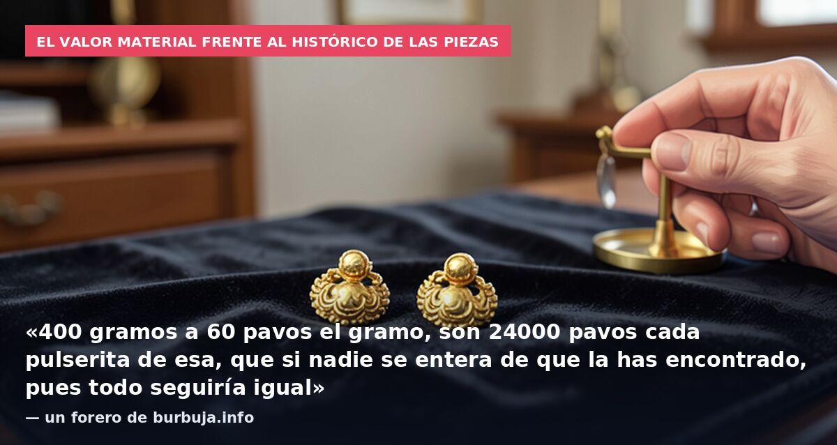 El valor material frente al histórico de las piezas: «400 gramos a 60 pavos el gramo, son 24000 pavos cada pulserita de esa, que si nadie se entera de que la has encontrado, pues todo seguiría igual» — un forero de burbuja.info