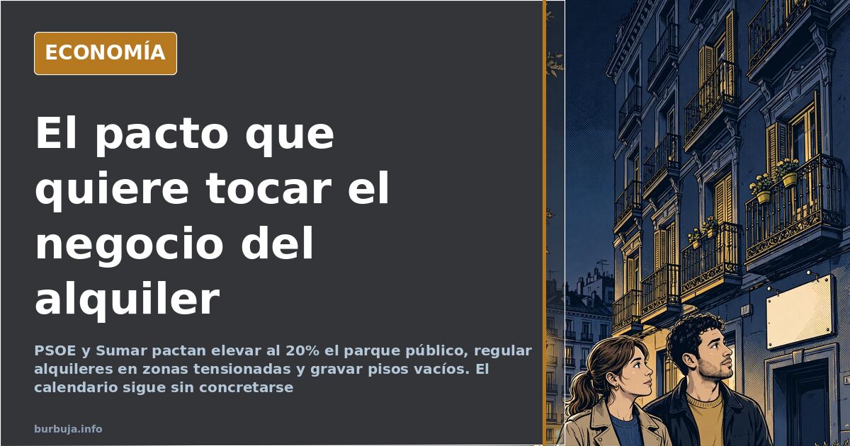 Ilustración editorial de un edificio de viviendas con un cartel de alquiler y una balanza sobre la fachada