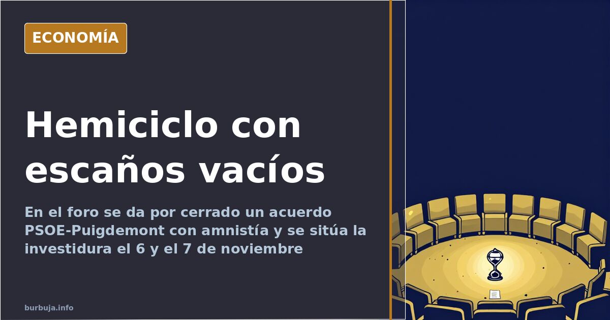 Ilustración de un hemiciclo con escaños vacíos y un reloj de arena sobre la investidura