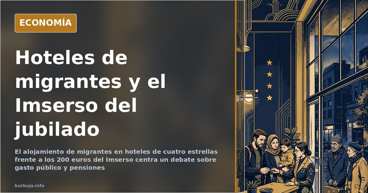 Fachada de un hotel urbano con maletas en la entrada, imagen ilustrativa del debate sobre el alojamiento de migrantes y la pr
