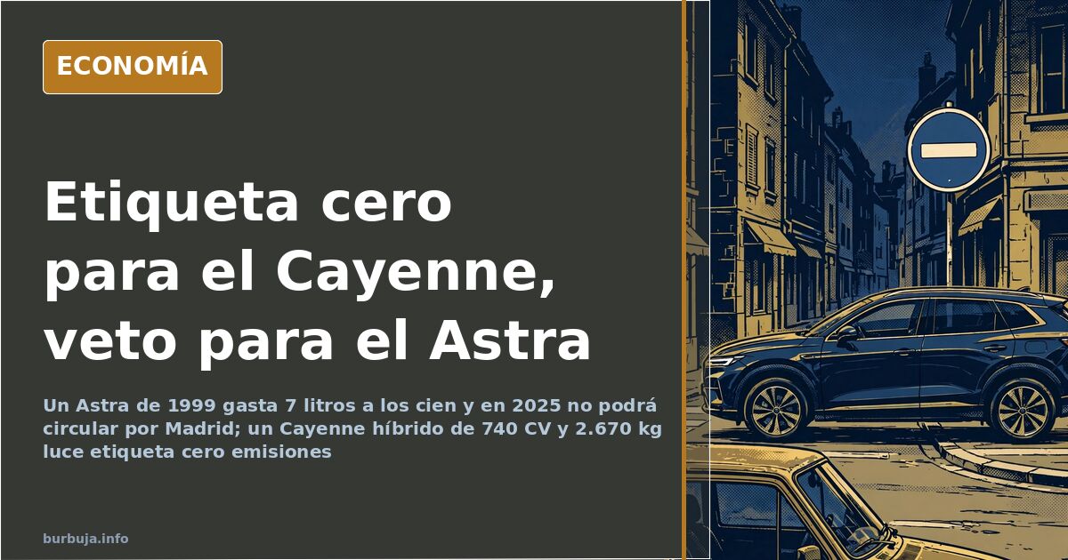 Turismo compacto antiguo detenido ante una señal de Zona de Bajas Emisiones en una calle de Madrid