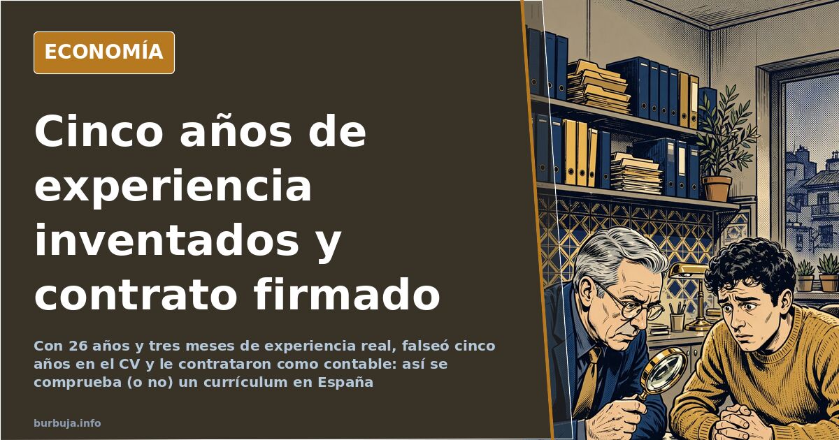 Currículum con cinco años de experiencia inventados sobre una mesa de oficina, junto a un contrato de trabajo recién firmado