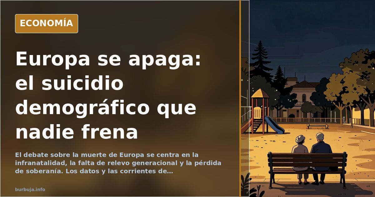 Ilustración editorial de un mapa de Europa desvaneciéndose sobre fondo azul marino y dorado, símbolo del declive demográfico 