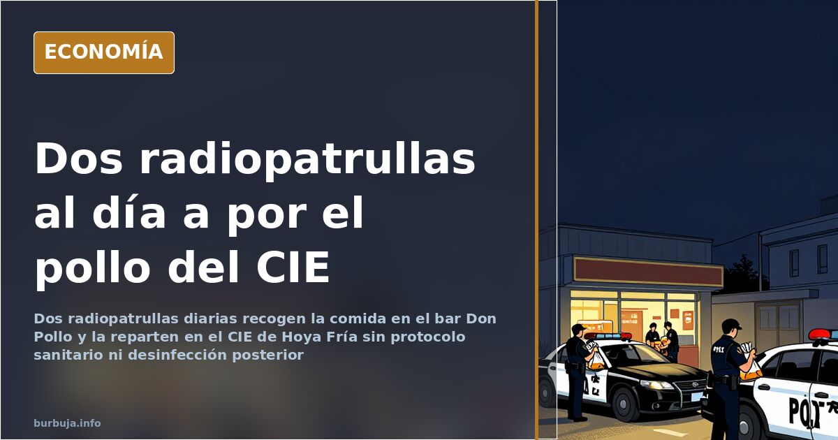 Vehículo policial de radiopatrulla estacionado junto a un establecimiento de comida durante el reparto de comidas al CIE de H