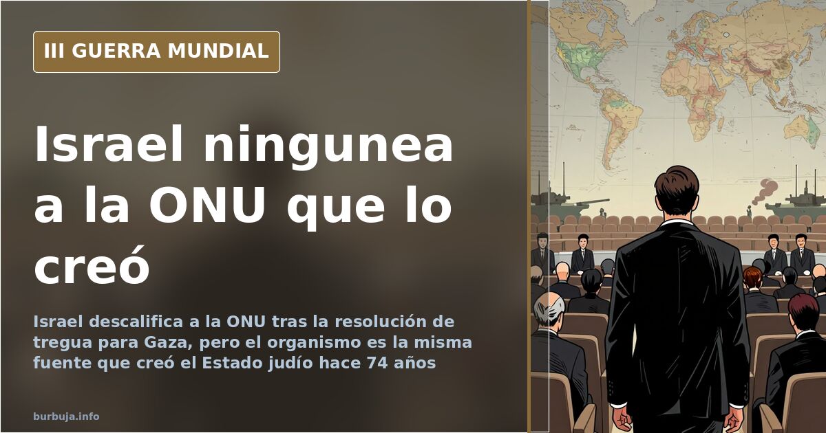 Sede de la ONU con banderas y humo lejano al fondo, ilustración sobria y desaturada sobre la resolución de la ONU acerca de G