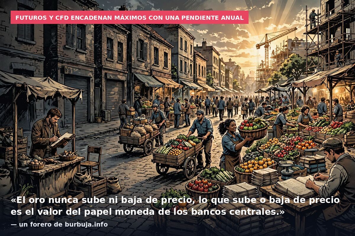 Futuros y CFD encadenan máximos con una pendiente anual: «El oro nunca sube ni baja de precio, lo que sube o baja de precio es el valor del papel moneda de los bancos centrales.» — un forero de burbuja.info