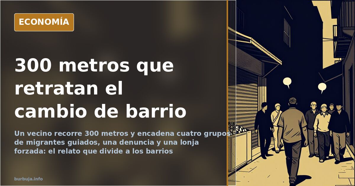 Calle de barrio con grupos de personas migrantes guiadas y una lonja forzada, escena del cambio en los barrios