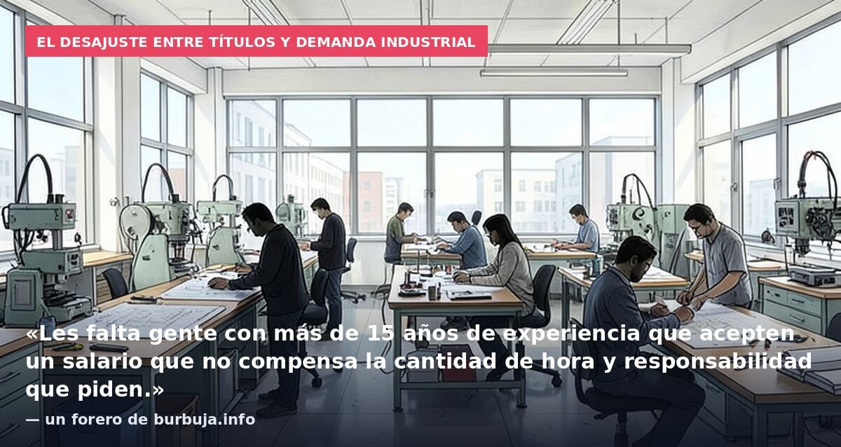 El desajuste entre títulos y demanda industrial: «Les falta gente con más de 15 años de experiencia que acepten un salario que no compensa la cantidad de hora y responsabilidad que piden.» — un forero de burbuja.info