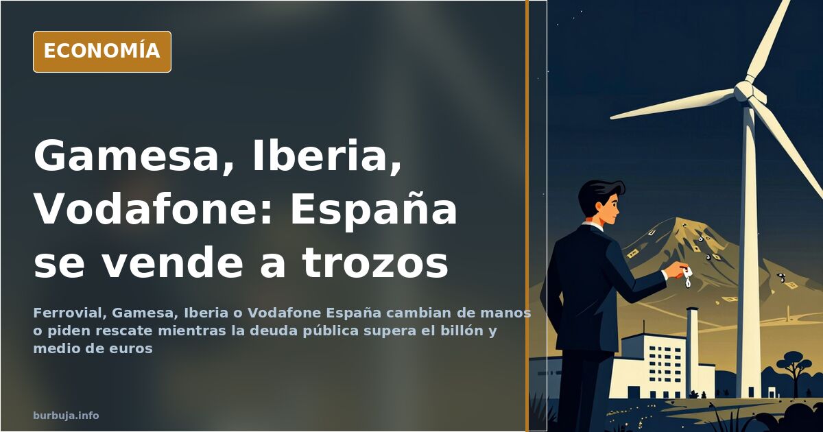 Ilustración editorial de un mapa de España con flechas de capital saliendo al exterior y bloques industriales apilados en un 