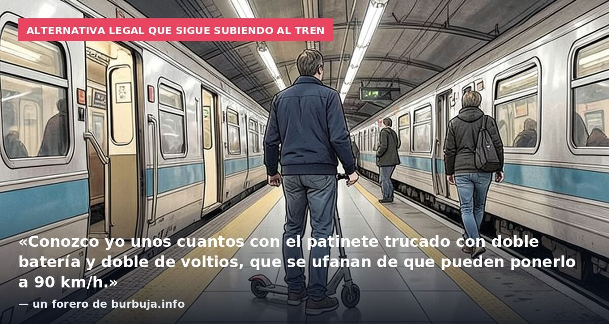 Alternativa legal que sigue subiendo al tren: «Conozco yo unos cuantos con el patinete trucado con doble batería y doble de voltios, que se ufanan de que pueden ponerlo a 90 km/h.» — un forero de burbuja.info