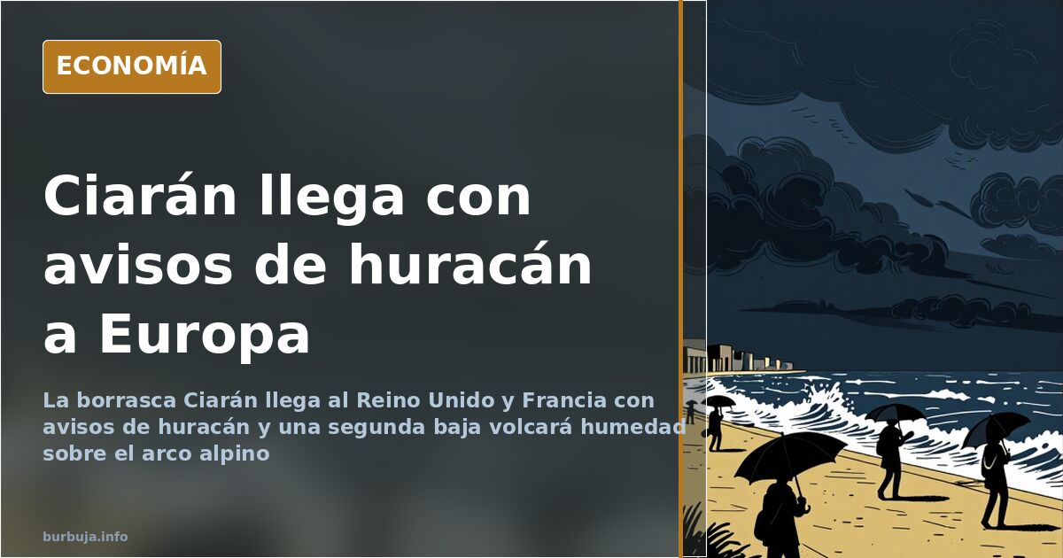 Mapa editorial de Europa con la borrasca Ciarán girando sobre el Atlántico y flechas de viento hacia Reino Unido y Francia