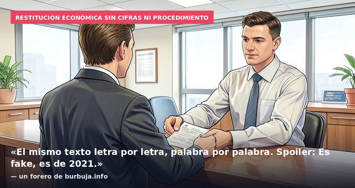 Restitución económica sin cifras ni procedimiento: «El mismo texto letra por letra, palabra por palabra. Spoiler: Es fake, es de 2021.» — un forero de burbuja.info
