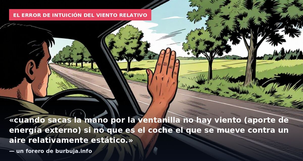 El error de intuición del viento relativo: «cuando sacas la mano por la ventanilla no hay viento (aporte de energía externo) si no que es el coche el que se mueve contra un aire relativamente estático.» — un forero de burbuja.info