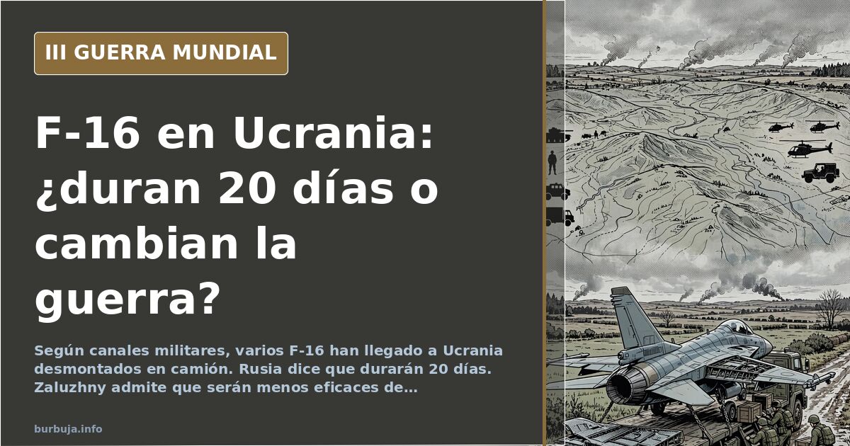 Ilustración documental de cazas F-16 desmontados sobre camiones cruzando una carretera hacia Ucrania, con siluetas de defensa