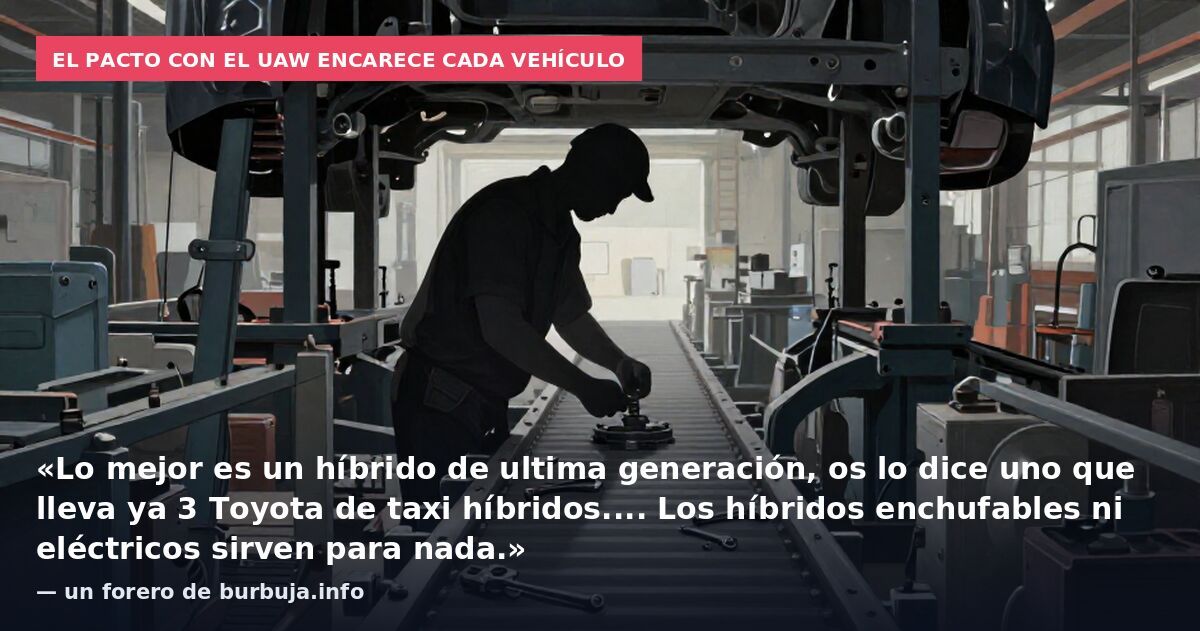El pacto con el UAW encarece cada vehículo: «Lo mejor es un híbrido de ultima generación, os lo dice uno que lleva ya 3 Toyota de taxi híbridos.... Los híbridos enchufables ni eléctricos sirven para nada.» — un forero de burbuja.info