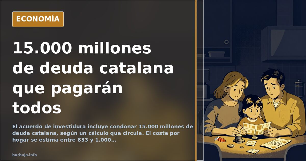 Ilustración editorial de una balanza inclinada con lingotes de oro y documentos de deuda pública catalana sobre fondo azul ma