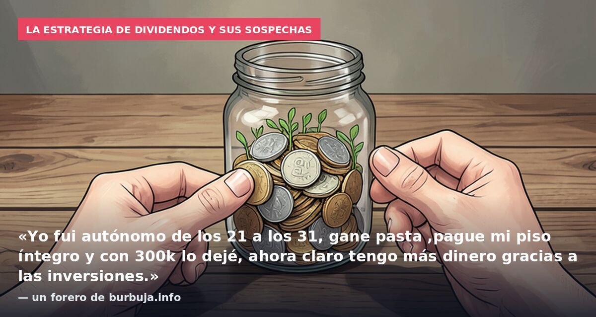 La estrategia de dividendos y sus sospechas: «Yo fui autónomo de los 21 a los 31, gane pasta ,pague mi piso íntegro y con 300k lo dejé, ahora claro tengo más dinero gracias a las inversiones.» — un forero de burbuja.info