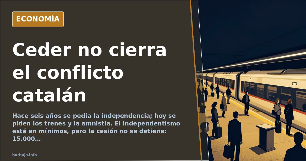 Ilustración editorial de un mapa de España con una línea de tren que se desvía hacia una urna, en azul marino y dorado