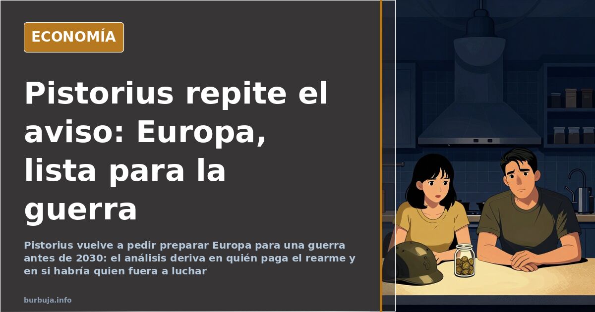Ilustración editorial de un mapa de Europa con siluetas de soldados y una balanza de presupuesto en azul marino y dorado