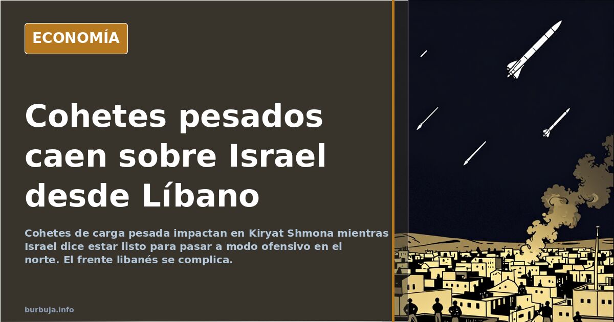 Ilustración editorial de un proyectil pesado impactando en una ciudad del norte de Israel con columnas de humo sobre el horiz
