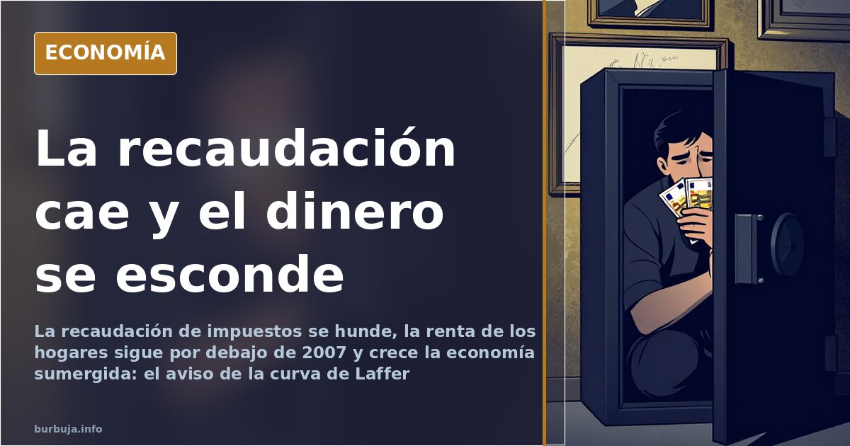 Ilustración editorial en azul marino y dorado con una línea descendente que representa la caída de la recaudación de impuesto