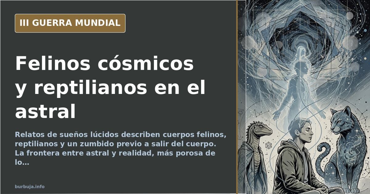 Ilustración documental desaturada de una figura humanoide con rasgos felinos frente a siluetas reptilianas en un paisaje onír